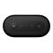 Draufsicht auf einen schwarzen, ovalen Lautsprecher. Auf der Oberseite befinden sich Bedienelemente wie Tasten und Symbole, darunter ein Mikrofon.