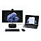 Kompletter Arbeitsplatz mit Laptop, Monitor, Tastatur und Maus. Der Monitor zeigt ein lila Windows-Hintergrundbild.