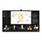 Digitales Whiteboard zeigt eine Videokonferenz mit interaktivem Brainstorming und Chat-Fenster.