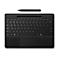 Schwarzes Microsoft Surface Keyboard mit Touchpad und Eingabestift in Draufsicht auf weißem Hintergrund.