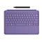Lila Microsoft Surface Tastatur mit QWERTY-Layout und schwarzem Eingabestift auf weißem Hintergrund.