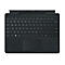 Schwarzes Microsoft Surface Keyboard mit Touchpad vor weißem Hintergrund.