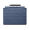 Dunkelblaues Microsoft Surface Type Cover mit Tastatur und Trackpad sowie einem passenden Eingabestift darüber.