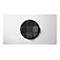Bouton rond noir avec un motif carré sur fond blanc.