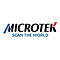 Das Firmenlogo von Microtek mit dem Slogan Scan the World in blauer Schrift unter dem Markennamen.