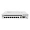 Ein weiÃŸes Cloud-Router-Switch-GerÃ¤t mit NetzwerkanschlÃ¼ssen und Anzeigen auf weiÃŸem Hintergrund. Text: Cloud Router Switch.