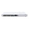 Vorderansicht eines weißen MikroTik Cloud Router Switches CRS312-4C+8XG vor neutralem Hintergrund.