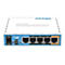 Ein weiÃŸer Router, blau abgesetzt, mit AnschlÃ¼ssen und der Aufschrift RouterBOARD.