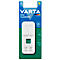 White Varta mini charger on a blue background. The package displays details like charging time and technology.