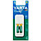 A white Varta Mini Charger package with two yellow batteries inserted in a white charger. The package is blue and has text.