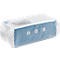 Light blue device in bubble wrap. Three white buttons. Inscription.