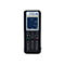Schwarzes Mitel DECT-Telefon mit beleuchtetem Display, Tastatur und Statusanzeigen vor weißem Hintergrund.