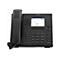 Schwarzes Mitel-IP-Telefon mit Display, Ziffernblock und Hörer vor weißem Hintergrund.