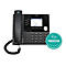 Schwarzes Mitel-IP-Telefon mit Display, Tastatur und BioCote-Siegel für antimikrobiellen Schutz.
