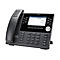 Schwarzes Mitel-IP-Telefon mit Display, Tastenfeld und Hörer auf weißem Hintergrund.