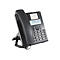 Schwarzes Mitel-IP-Telefon mit Display, Hörern und Tastenfeld vor weißem Hintergrund.