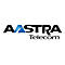 Das Aastra Telecom Logo in Schwarz mit einem blauen, geschwungenen grafischen Element im A.