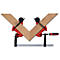 Two pieces of wood are fixed at a 90-degree angle by a red and black corner clamp.