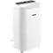 Witte airconditioner met bedieningspaneel bovenop. Op wielen, logo op de voorkant.