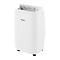 Witte mobiele airconditioner met open klep, wielen en digitale display.