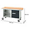 Werkbank met houten werkblad en lade, op wielen. Afmetingen: 1500 x 700 x 840 mm.