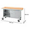 Werkbank met houten blad, kast en wielen, afmetingen: 1500 x 700 x 840 mm.