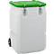 Conteneur en plastique blanc, roulant, avec couvercle vert et fermoirs métalliques. Le logo "CENJO" est clairement visible.