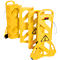 Yellow, foldable barrier with warning sign, wheels and handle. "Rubbermaid" logo.