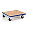 A wooden trolley with four wheels on a white background. The platform is light brown, surrounded by a blue frame.