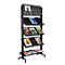 Black, rolling bookshelf with books of different colors, titles, and formats.
