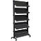 Black, freestanding display rack with six slanted shelves on wheels.