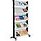 Black, rolling magazine rack with five white shelves filled with magazines.