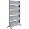 Gray, mobile shelf with five slanted shelves. On castors, for presentations or storage.