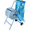 Blue cart with paper roll and trash bag. Cart has wheels, paper roll is grey.