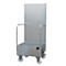 Metal rolling cart with perforated back panel, platform, and grab handles.