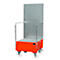 An orange rolling cart with metal back and grate pattern on a platform. There is a plate with holes and two handrails on the back.