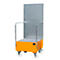 Yellow and silver lift cart with metal surface and wheels against a white background.