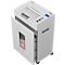 A white paper shredder with the door open. A basket of shredded paper is visible below. The word IDEAL can be seen on the right.
