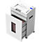 A white paper shredder, drawer open. Shredded documents are visible. Control panel with buttons.