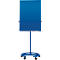 Blue flip chart on wheels. The top sheet is blank. At the bottom is a shelf for pens.