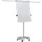 Mobile flip chart stand with white paper on wheels. Silver colored frame, two brackets for paper fixation.