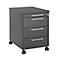 Dark gray rolling file cabinet with four drawers, silver handles and wheels. A lock is located on the top drawer.