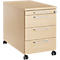 Beige mobile file cabinet with three drawers and silver handles. It stands on black casters.
