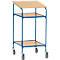 Blue rolling furniture with wooden shelves and three levels.