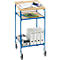 Blue rolling cart with light brown shelves, filled with binders, paper, and office supplies.