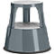 Grey step stool. Round step and lower base connected by three legs. Red dot in the center.