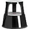 Black step stool, plastic, two steps, with red dot on top.