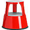 Red plastic step stool, round, two steps, non-slip surface.