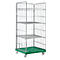 Cage trolley with 3 shelves, green base, on wheels.