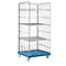 A rolling cage cart with three shelves, blue base, and silver wheels.